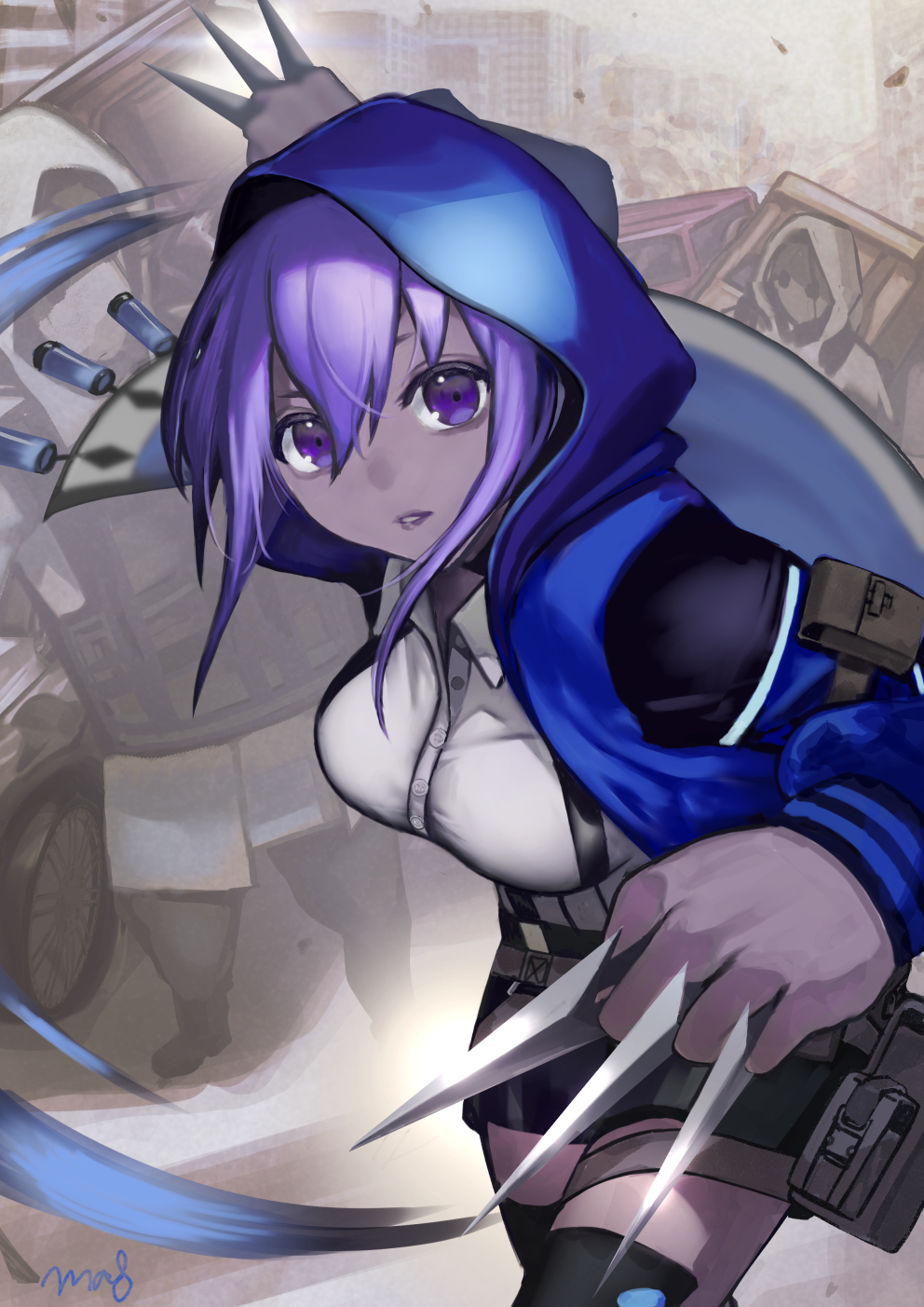 arknights blue_poison_(arknights) fate/grand_order fate/prototype fate/prototype:_fragments_of_blue_and_silver fate_(series) hassan_of_serenity_(fate) highres hood knife purple_hair reunion_soldier_(arknights) thigh-highs wanko_(realsight) zettai_ryouiki