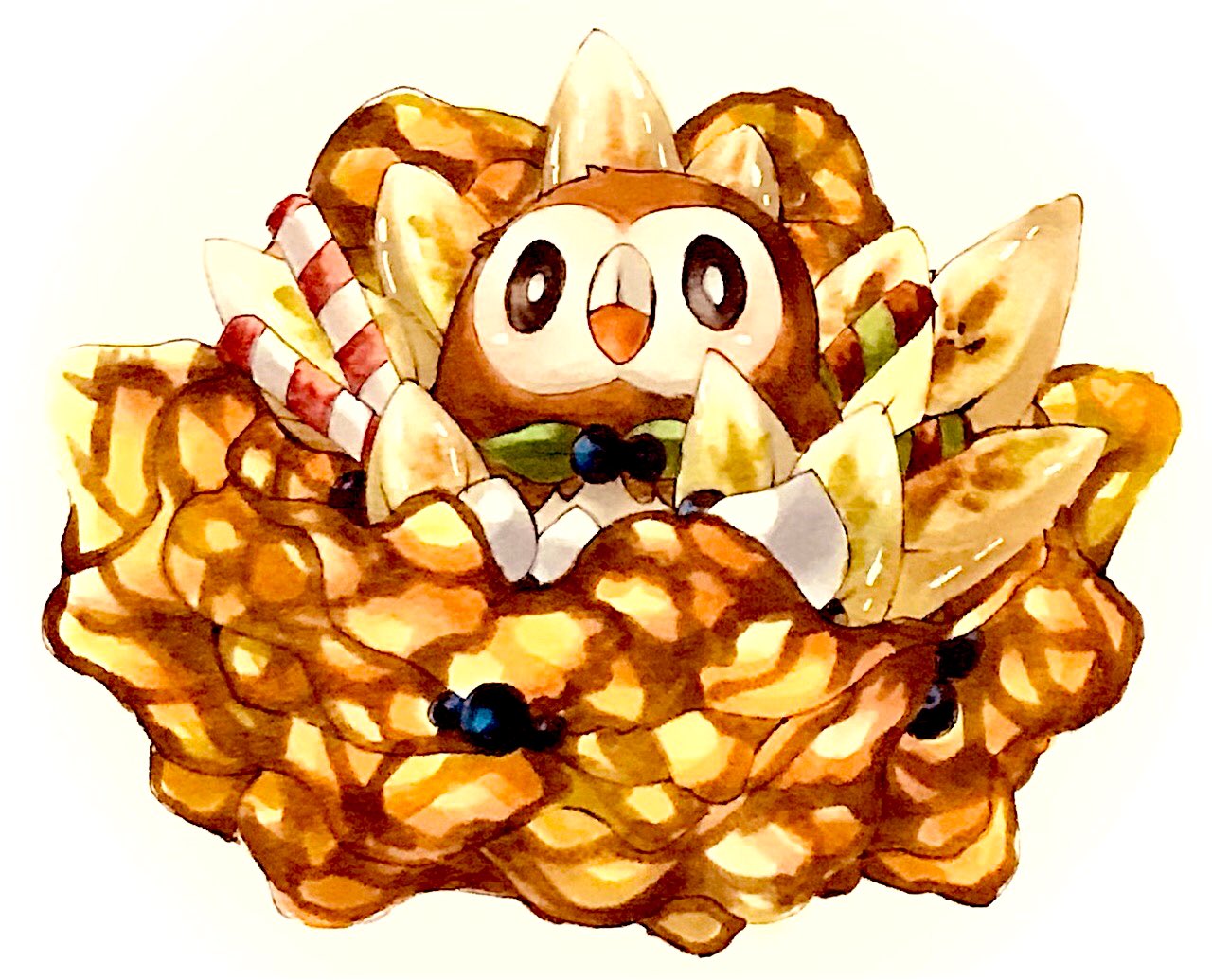 animal_focus banana banana_slice black_sclera blueberry blush brown_theme closed_mouth colored_sclera commentary_request cream crepe dessert food food_focus fruit gen_7_pokemon ice_cream_cone light_blush looking_at_viewer marker_(medium) mofuo no_humans pokemon pokemon_(creature) rowlet simple_background solo traditional_media wafer_stick white_background white_eyes
