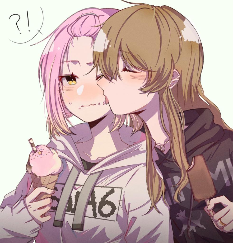 !? 2girls bangs bangs_pinned_back black_hoodie blush brown_hair closed_eyes closed_mouth d4dj embarrassed eyebrows_visible_through_hair food food_on_face gradient_hair grey_hoodie hand_up hood hood_down hoodie ice_cream ice_cream_cone inuyose_shinobu jewelry licking licking_face long_hair long_sleeves multicolored_hair multiple_girls orange_hair pink_hair profile ring ring_necklace royyy999 simple_background sleeves_past_wrists spoken_interrobang star_(symbol) sweatdrop symbol_commentary tongue upper_body wavy_mouth white_background yamate_kyouko yellow_eyes yuri