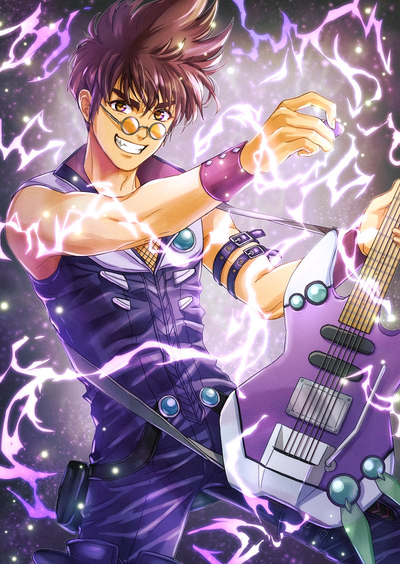 1boy akira_ituki arm_strap bangs black_bodysuit bodysuit brown_eyes brown_hair electricity fang guitar hair_behind_ear holding holding_instrument instrument looking_at_viewer macross macross_7 male_focus nekki_basara round_eyewear smile solo sunglasses v-shaped_eyes