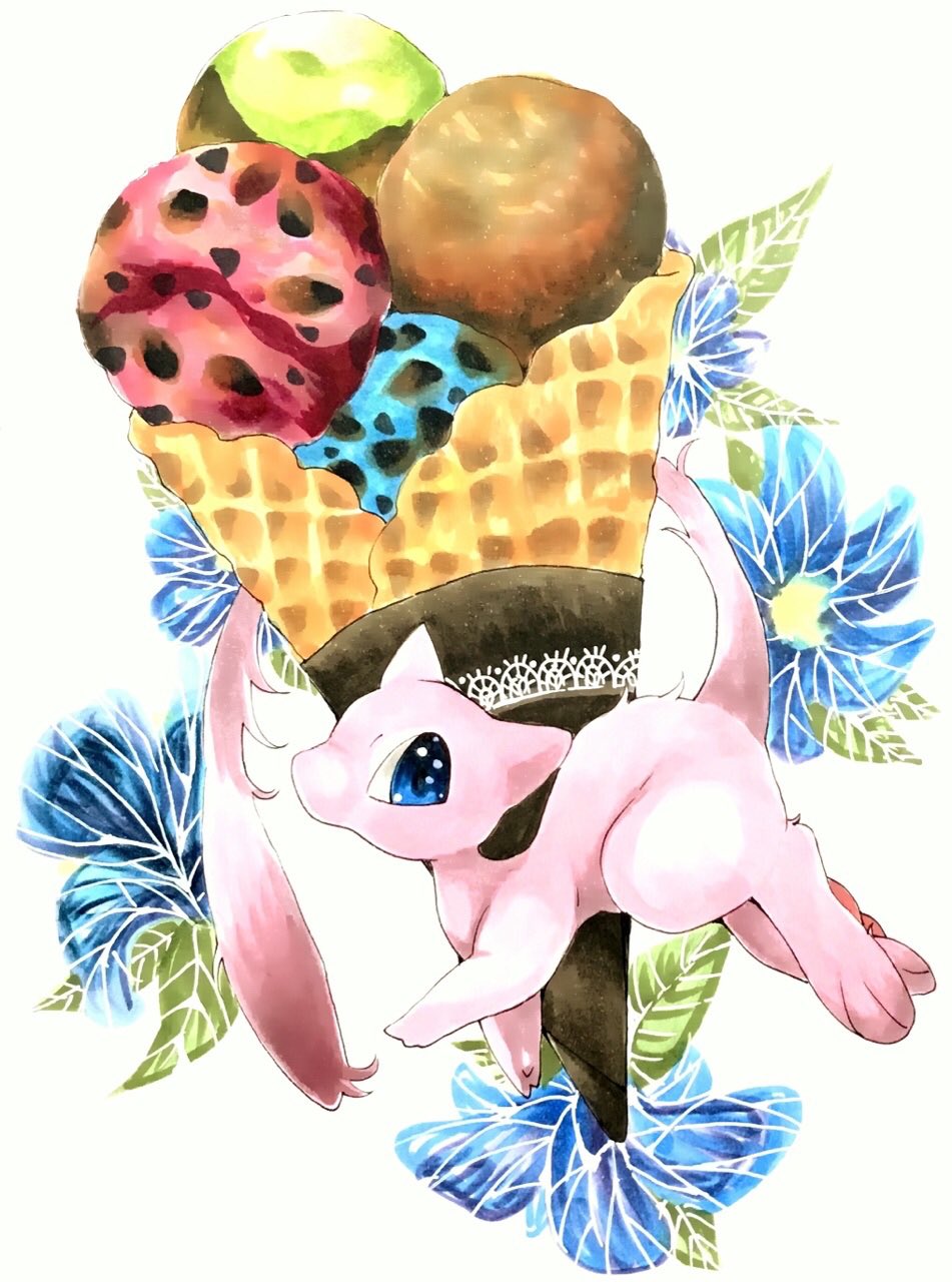animal_focus blue_eyes blue_flower commentary_request flower food food_focus from_side full_body gen_1_pokemon highres ice_cream ice_cream_cone legendary_pokemon looking_at_viewer marker_(medium) mew mofuo mythical_pokemon no_humans oversized_food pawpads pokemon pokemon_(creature) solo traditional_media waffle_cone white_background