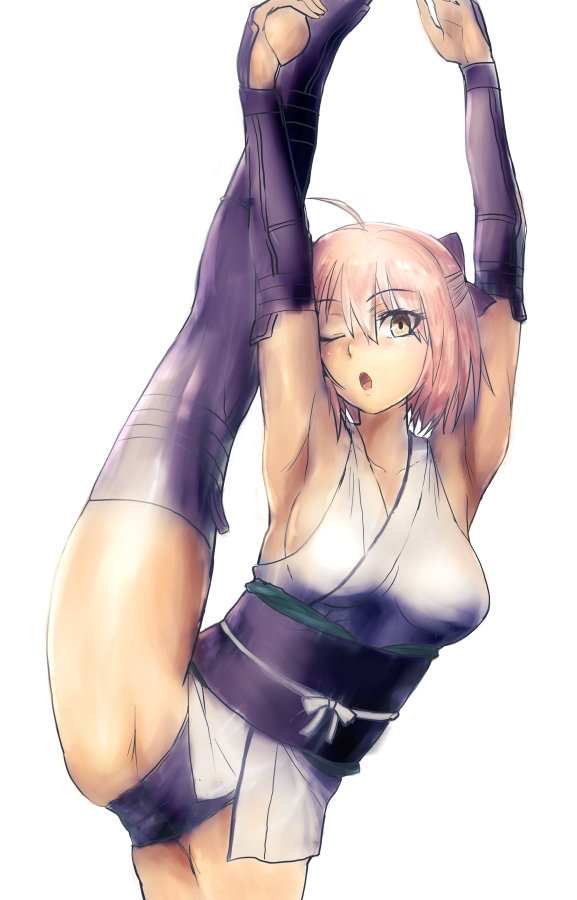 1girl ;o ahoge armpits arms_up awayuki_tobari black_ribbon blush breasts commentary fate/grand_order fate_(series) groin_tendon hair_between_eyes japanese_clothes kimono kimono_skirt looking_at_viewer medium_breasts obi okita_souji_(fate) okita_souji_(fate)_(all) one_eye_closed panties pink_hair purple_panties ribbon sash short_hair solo split standing standing_on_one_leg standing_split thigh-highs toeless_legwear underwear white_background yellow_eyes