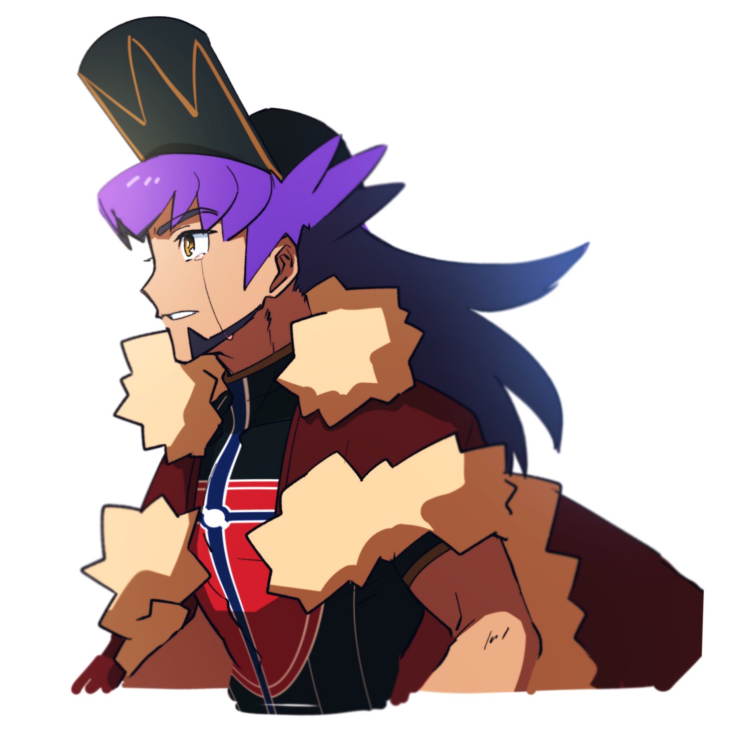 1boy bangs baseball_cap bright_pupils cape champion_uniform commentary_request crying dark-skinned_male dark_skin facial_hair from_side fur-trimmed_cape fur_trim hat highres leon_(pokemon) long_hair male_focus morio_(poke_orio) parted_lips pokemon pokemon_(game) pokemon_swsh purple_hair red_cape shield_print shirt short_sleeves simple_background solo sword_print tears white_background white_pupils yellow_eyes
