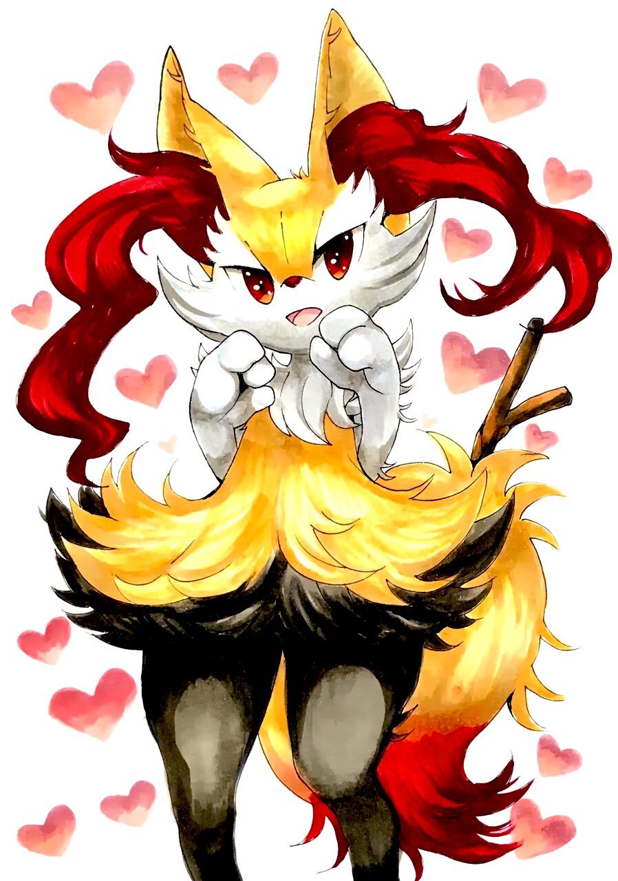 1girl animal_ear_fluff animal_ears animal_nose black_fur body_fur braixen commentary english_commentary flat_chest fox_ears fox_girl fox_tail furry gen_6_pokemon hands_up happy heart heart_background highres looking_at_viewer marker_(medium) mofuo open_mouth pokemon pokemon_(creature) red_eyes simple_background smile snout solo standing stick tail traditional_media white_background white_fur yellow_fur