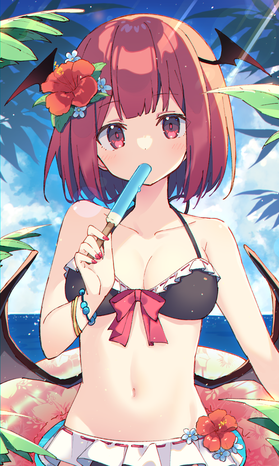 1girl bangle bangs bare_shoulders bikini black_bikini black_wings blue_flower bow bracelet breasts collarbone commentary_request day demon_wings eyebrows_visible_through_hair flower food frilled_bikini frills hair_flower hair_ornament head_wings highres holding holding_food horizon innertube jewelry looking_at_viewer navel original outdoors popsicle red_bow red_eyes red_flower redhead small_breasts solo swimsuit water wings zoirun