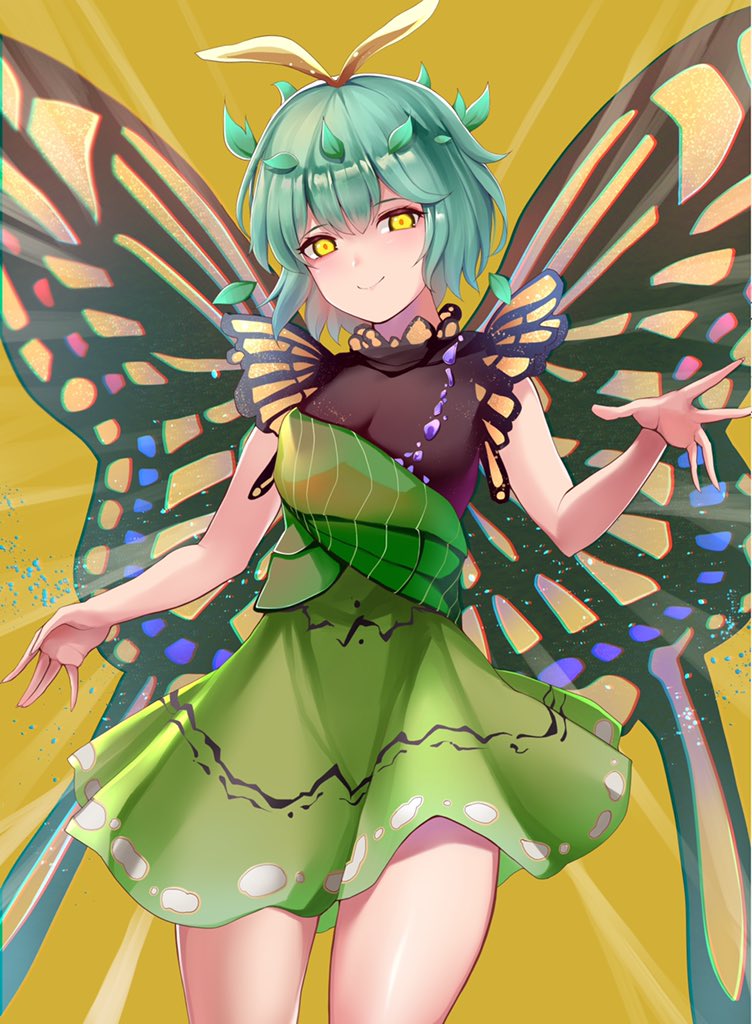 1girl antennae aqua_hair bangs butterfly_wings closed_mouth cowboy_shot dress eternity_larva eyebrows_visible_through_hair green_dress koizumo leaf leaf_on_head looking_at_viewer single_strap smile solo standing touhou wings yellow_background yellow_eyes yellow_wings