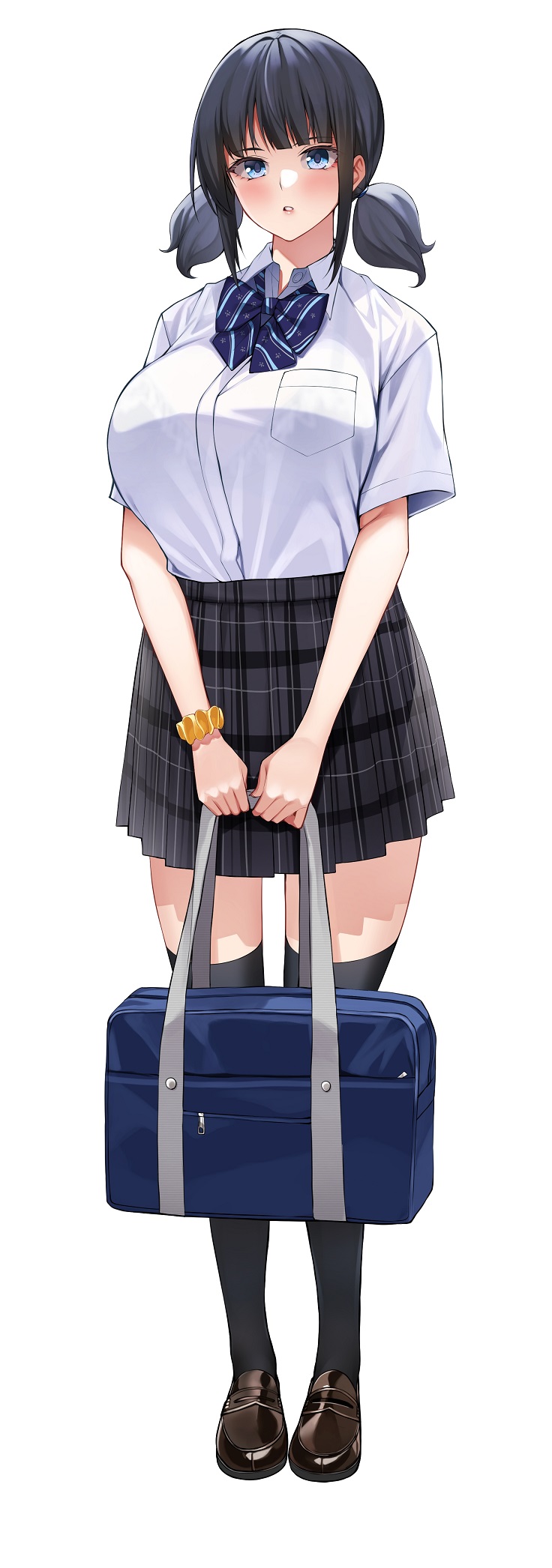 1girl bag bangs black_hair black_legwear blue_eyes blunt_bangs bow breasts brown_footwear collared_shirt dress_shirt full_body highres holding holding_bag large_breasts looking_at_viewer low_twintails original plaid plaid_skirt pleated_skirt school_bag school_uniform scrunchie shirt shirt_tucked_in short_sleeves skirt standing striped striped_bow takoneru thigh-highs twintails white_background white_shirt wrist_scrunchie yellow_scrunchie