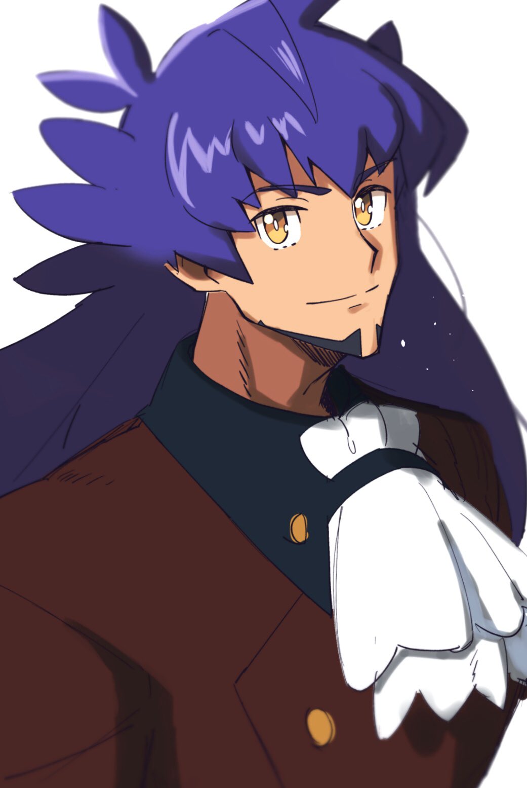 1boy bangs buttons closed_mouth cravat dark-skinned_male dark_skin facial_hair highres leon_(pokemon) long_hair looking_at_viewer male_focus morio_(poke_orio) pokemon pokemon_(game) pokemon_swsh purple_hair sketch smile solo tailcoat upper_body white_background white_neckwear yellow_eyes