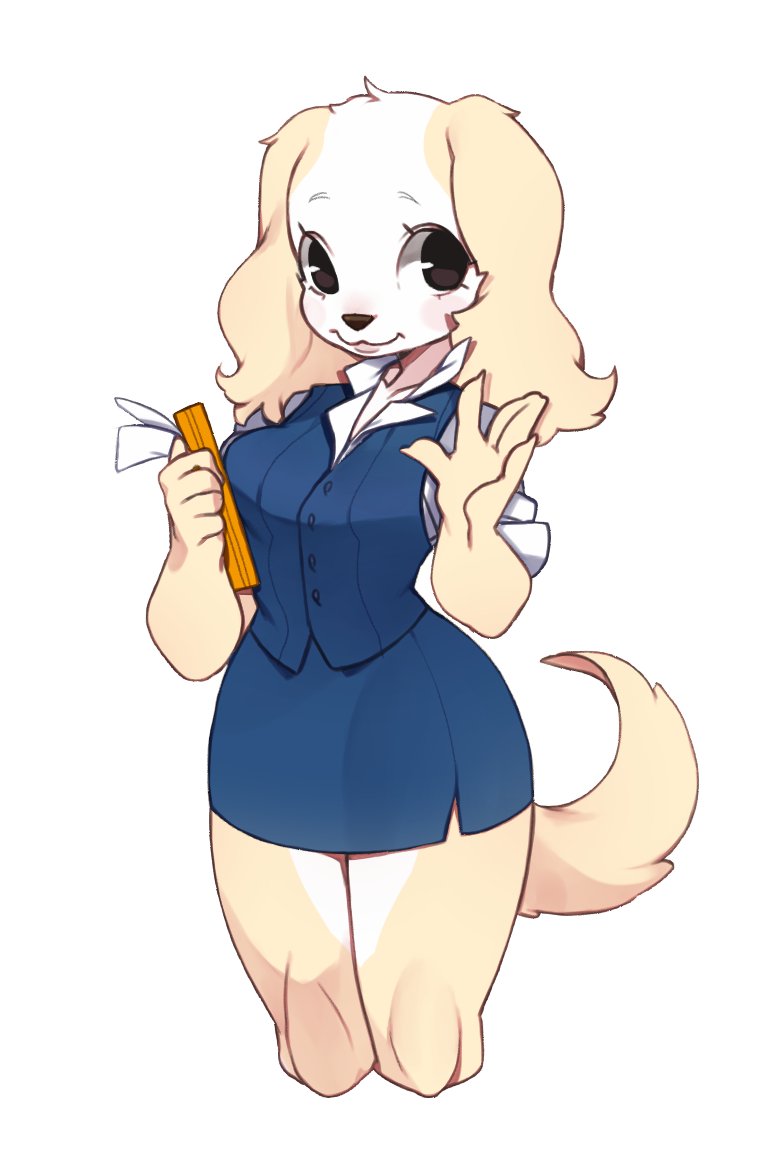 aggressive_retsuko animal_ears blush brown_eyes curvy dog dog_ears dog_tail furry inui_(aggressive_retsuko) looking_at_viewer office_lady pointy_ears simple_background skirt tail waving