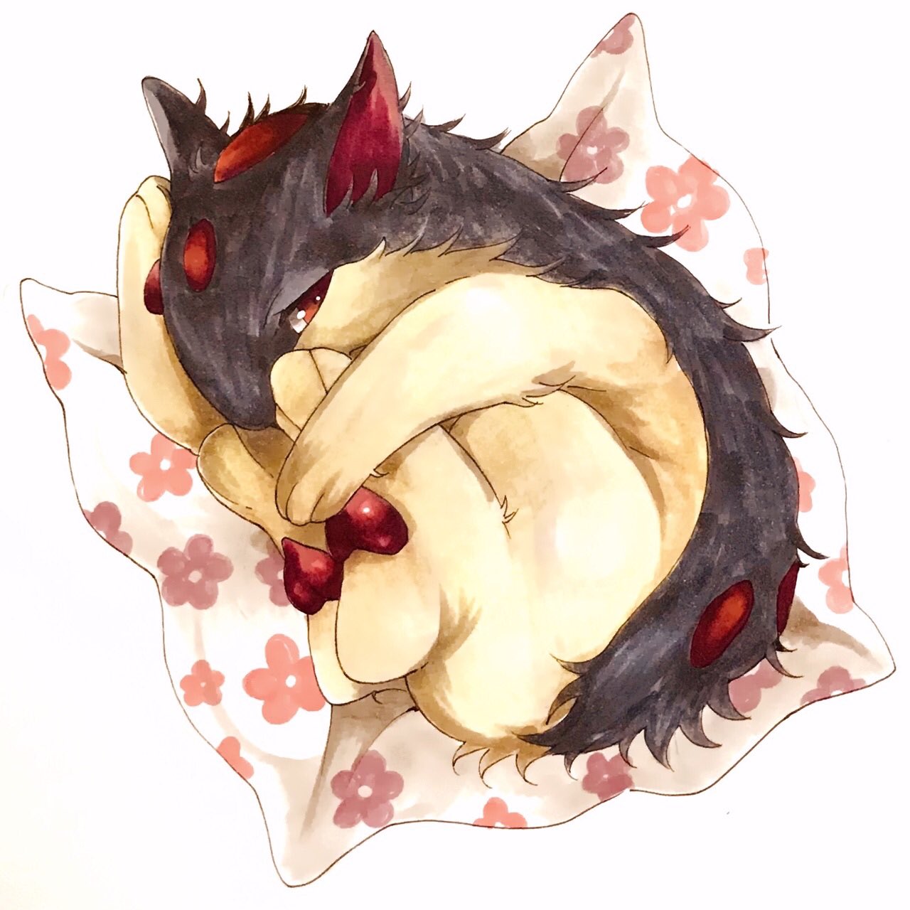 animal_focus cloth fetal_position floral_print from_above full_body gen_2_pokemon half-closed_eyes highres looking_at_viewer lying marker_(medium) mofuo no_humans on_side pawpads pokemon pokemon_(creature) quilava red_eyes simple_background solo traditional_media white_background