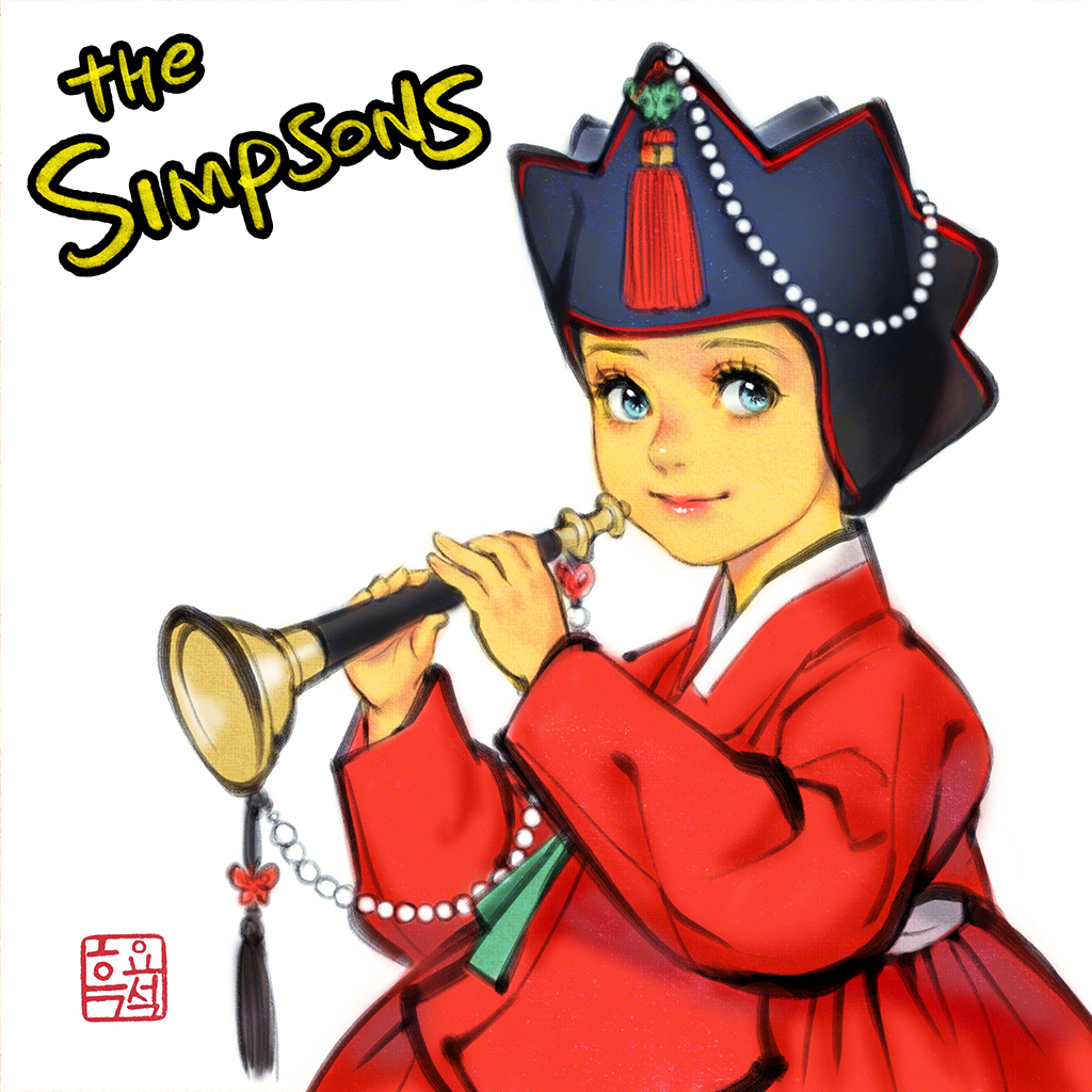 1girl alternate_costume beads black_headwear blue_eyes butterfly_ornament child colored_skin dress eyelashes green_ribbon hanbok hat instrument jobawi korean_clothes korean_traditional_hat lisa_simpson long_sleeves music musician petite playing_instrument pointy_hat puffy_dress red_dress ribbon smile solo tassel the_simpsons traditional_clothes traditional_dress trumpet western_animation white_trim woohnayoung yellow_skin