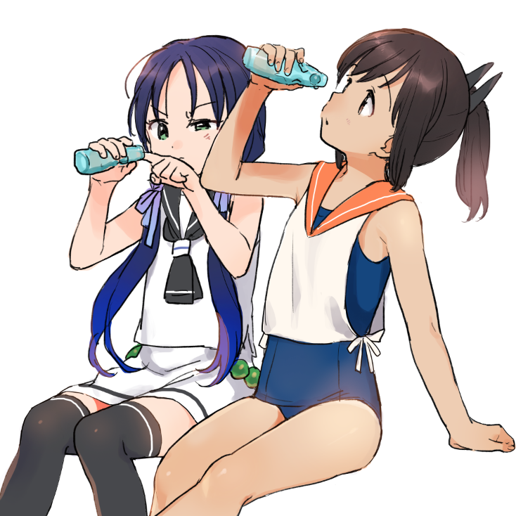 2girls black_legwear black_neckwear blue_hair bottle brown_eyes brown_hair character_request closed_mouth gradient_hair green_eyes half-closed_eye holding holding_bottle i-401_(kancolle) invisible_chair kantai_collection long_hair low_twintails miniskirt multicolored_hair multiple_girls necktie one-piece_swimsuit orange_sailor_collar parted_lips ponytail sailor_collar school_uniform sekiya_asami serafuku shirt short_necktie simple_background sitting skirt sleeveless sleeveless_shirt swimsuit tan thigh-highs twintails white_background white_shirt white_skirt