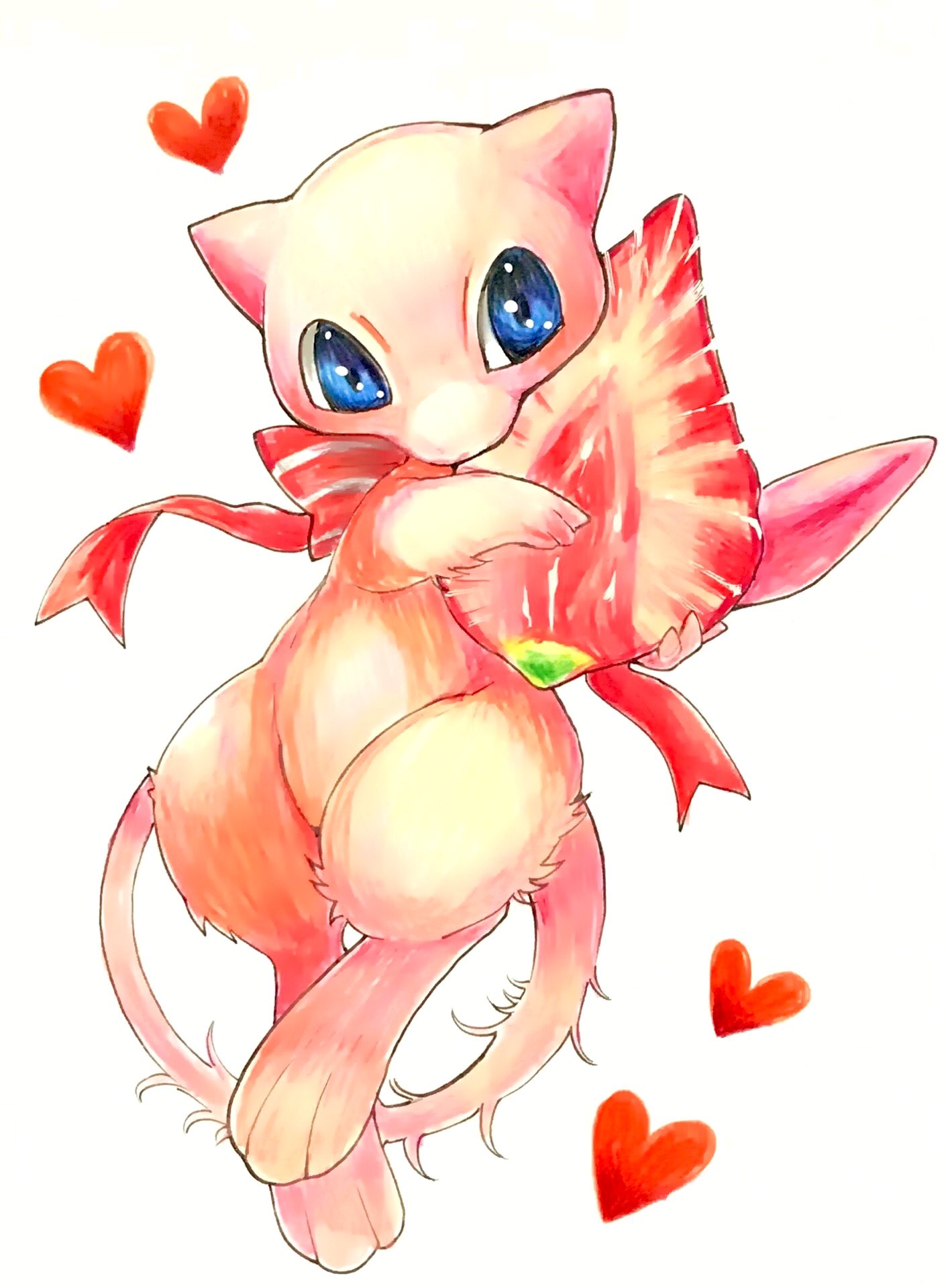 animal_focus back_bow blue_eyes blush bow commentary_request food fruit full_body gen_1_pokemon heart heart_background highres holding holding_food legendary_pokemon light_blush looking_at_viewer marker_(medium) mew mofuo mythical_pokemon no_humans oversized_food pokemon pokemon_(creature) red_bow simple_background solo strawberry striped striped_bow traditional_media white_background