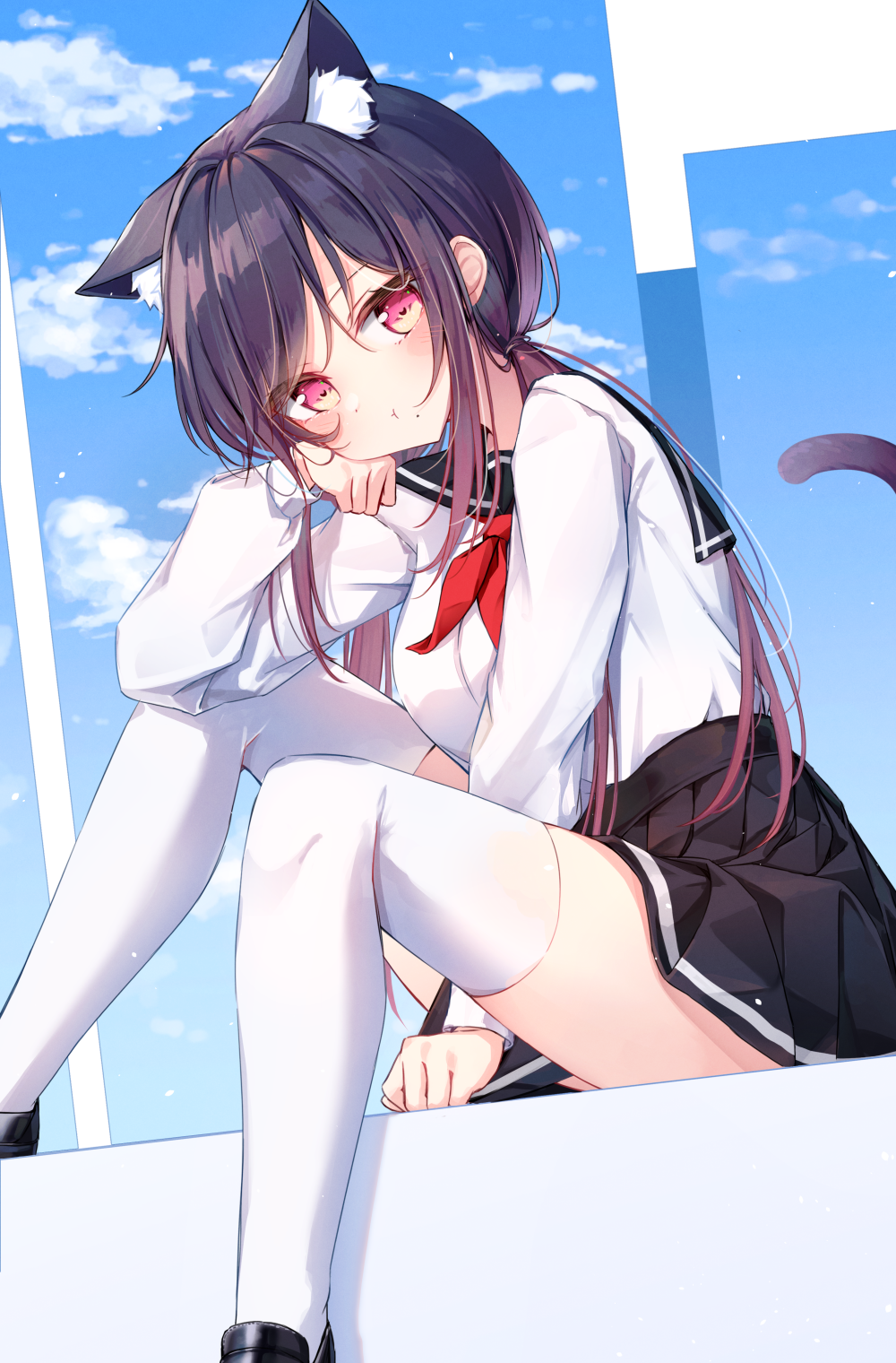 1girl animal_ear_fluff animal_ears arm_support bangs beliatan black_footwear black_hair black_skirt blush breasts cat_ears cat_girl cat_tail day feet_out_of_frame highres knees_up large_breasts long_hair long_sleeves looking_at_viewer neckerchief original outdoors pink_eyes pleated_skirt pout sailor_collar school_uniform shirt shirt_tucked_in shoes sitting skirt solo tail thigh-highs twintails white_legwear white_shirt