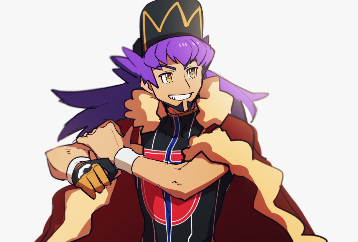 1boy bangs baseball_cap bright_pupils cape champion_uniform commentary_request dark-skinned_male dark_skin dynamax_band facial_hair fur-trimmed_cape fur_trim gloves grin hand_on_own_arm hands_up hat leon_(pokemon) long_hair looking_to_the_side male_focus morio_(poke_orio) partially_fingerless_gloves pokemon pokemon_(game) pokemon_swsh purple_hair red_cape shield_print shirt short_sleeves simple_background single_glove smile solo sword_print teeth upper_body white_background white_pupils yellow_eyes