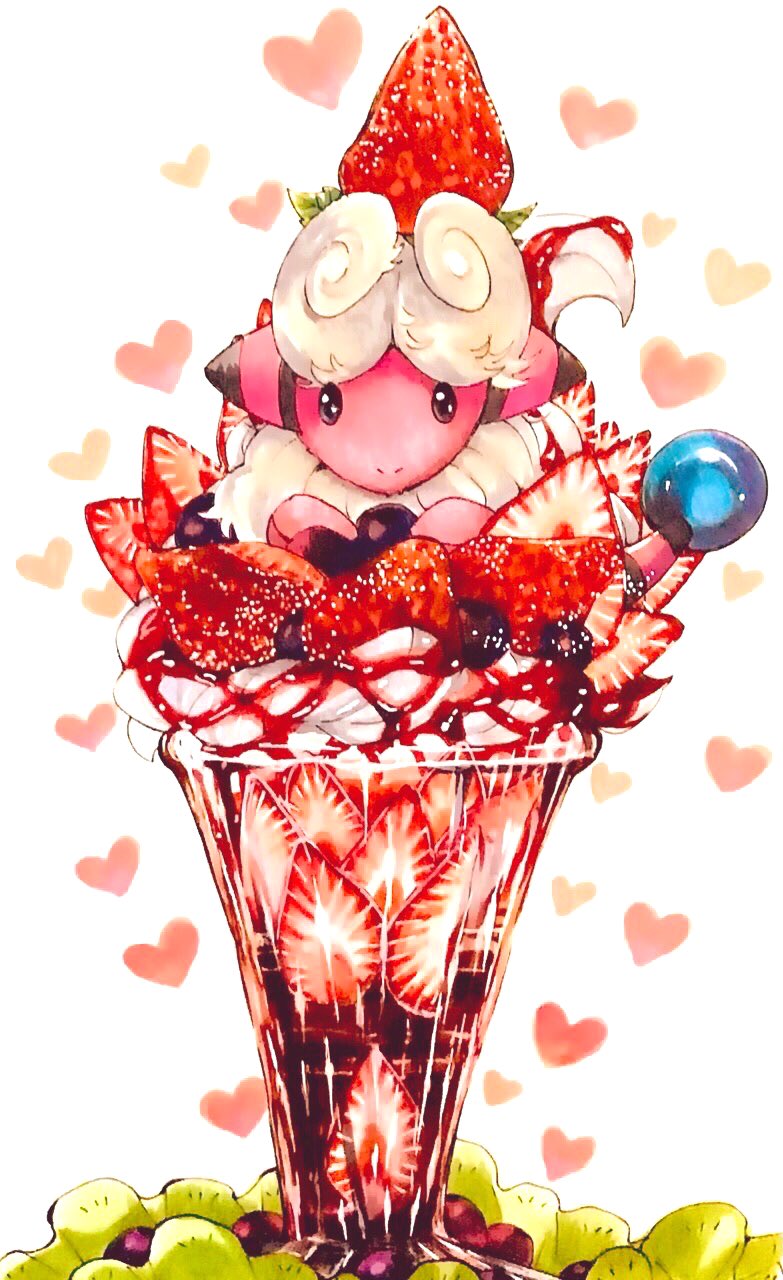 animal_focus black_eyes blueberry chocolate commentary_request cream cup dessert drinking_glass flaaffy fluffy food food_focus food_on_head fruit gen_2_pokemon heart heart_background highres ice_cream in_food looking_at_viewer marker_(medium) mofuo no_humans object_on_head oversized_food pokemon pokemon_(creature) simple_background solo straight-on strawberry sundae traditional_media upper_body white_background