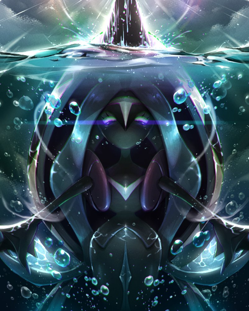 8686island air_bubble bubble commentary_request eyelashes gen_7_pokemon glowing glowing_eyes legendary_pokemon light_trail no_humans outstretched_arms partially_underwater_shot pokemon pokemon_(creature) solo tapu_fini textless water