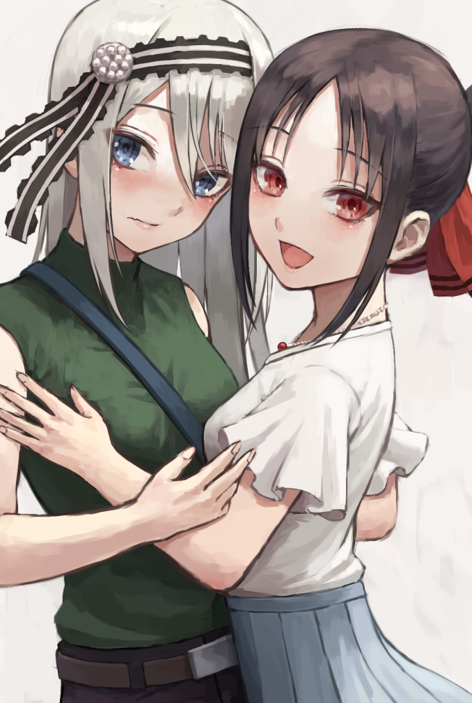 2girls :d alternate_costume bangs bare_shoulders belt black_hairband blue_eyes blue_skirt blush brown_belt commentary fagi_(kakikaki) green_shirt hair_ribbon hairband jewelry kaguya-sama_wa_kokurasetai_~tensai-tachi_no_renai_zunousen~ long_hair looking_at_viewer multiple_girls necklace open_mouth parted_bangs pleated_skirt red_eyes red_ribbon revision ribbon shinomiya_kaguya shirogane_kei shirt shirt_tucked_in short_sleeves sidelocks silver_hair simple_background skirt smile white_background