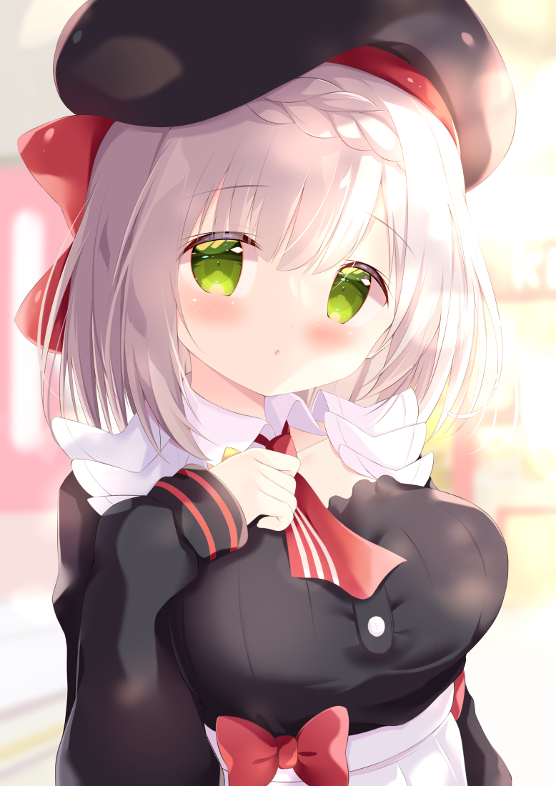 1girl :o bangs beret black_headwear black_shirt blurry blurry_background blush bow braid breasts commentary_request depth_of_field eyebrows_visible_through_hair genshin_impact green_eyes hand_up hat large_breasts long_sleeves medium_breasts noelle_(genshin_impact) parted_lips pleated_skirt red_bow renew_vivi shirt silver_hair skirt sleeves_past_wrists solo white_skirt