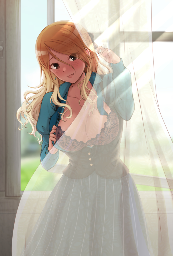 1girl :d black_eyes blonde_hair blouse blush bra breasts brown_hair collarbone collared_blouse curtains earrings erynkii eyebrows_visible_through_hair eyes_visible_through_hair gradient_hair gyaru hair_between_eyes idolmaster idolmaster_shiny_colors indoors izumi_mei jewelry lace lace_bra large_breasts long_hair long_sleeves looking_at_viewer multicolored_hair open_blouse open_clothes open_mouth puffy_long_sleeves puffy_sleeves see-through skirt smile solo sunlight tan underwear vest window