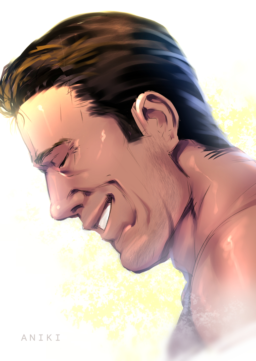 1boy :d billy_herrington brown_hair closed_eyes gachimuchi grin highres male_focus open_mouth portrait real_life smile solo teeth try upper_body white_background