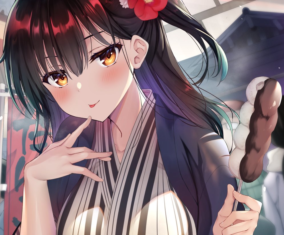 1girl :p blush brown_eyes brown_hair flower food food_request hair_flower hair_ornament hands_up haori holding holding_food japanese_clothes looking_at_viewer one_side_up original people sanshoku_amido seductive_smile smile solo_focus tongue tongue_out upper_body yellow_eyes