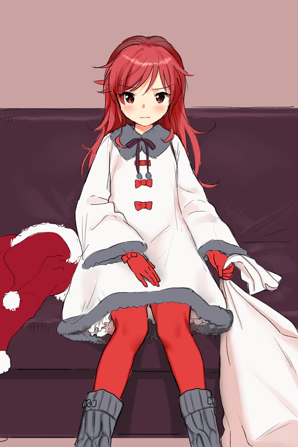1girl blush chigusa_asuha closed_mouth couch dress feet_out_of_frame fur-trimmed_dress fur_trim gloves hat holding holding_sack long_hair long_sleeves looking_at_viewer neck_ribbon on_couch pantyhose qualidea_code red_eyes red_gloves red_legwear redhead ribbon sack santa_hat sekiya_asami sitting solo white_dress