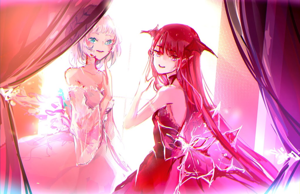 2girls blue_eyes breasts choker curtains dress english_commentary head_wings kamishiro_rita lace lace_choker long_hair looking_at_viewer multiple_girls off-shoulder_dress off_shoulder open_mouth prism_project red_dress red_eyes redhead second-party_source small_breasts smile unmei_(rhoryred) virtual_youtuber white_dress white_hair wide_sleeves