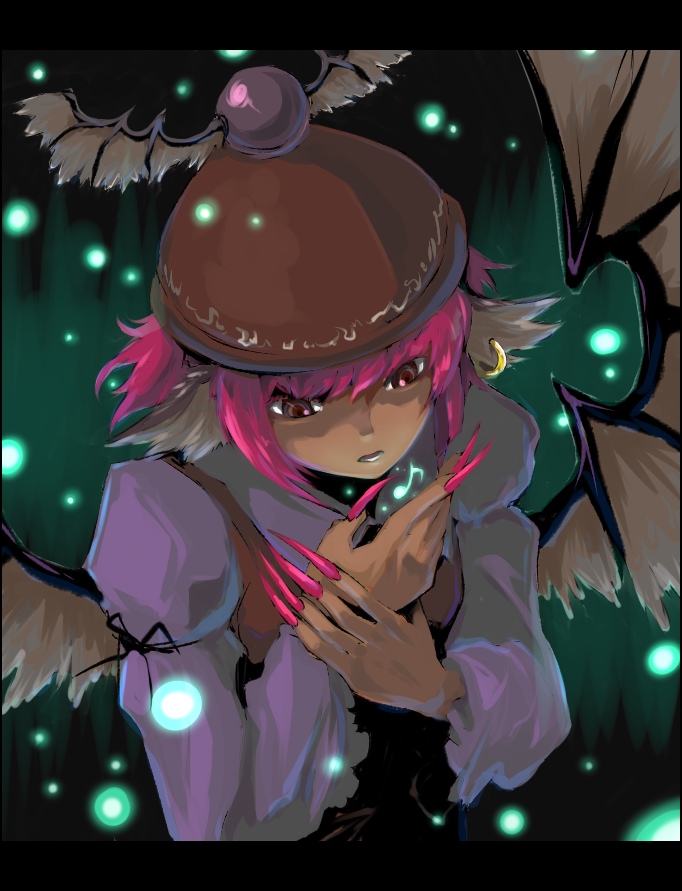 claws earrings fingernails glowing hat jewelry letterboxed long_fingernails long_nails long_sleeves musical_note mystia_lorelei nails open_mouth oso oso_(toolate) pink_eyes pink_hair short_hair solo touhou wings