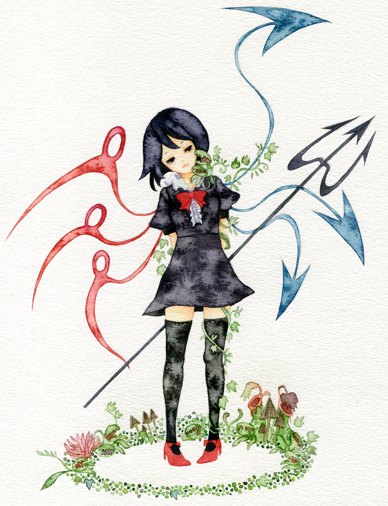 bad_id black_eyes black_hair black_legwear black_thighhighs high_heels houjuu_nue leaf legs mushroom pinkxxxna plant polearm ribbon shoes short_hair short_sleeves solo standing thigh-highs thighhighs touhou traditional_media watercolor_(medium) weapon wings zettai_ryouiki