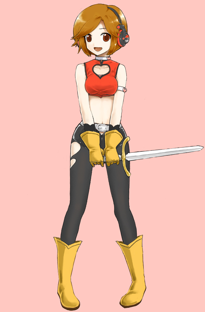 belt boots breasts brown_eyes brown_hair cosplay cutie_honey cutie_honey_(character) cutie_honey_(cosplay) daigoman gloves headphones heart magical_girl meiko microphone sakine_meiko short_hair simple_background solo sword vocaloid weapon young