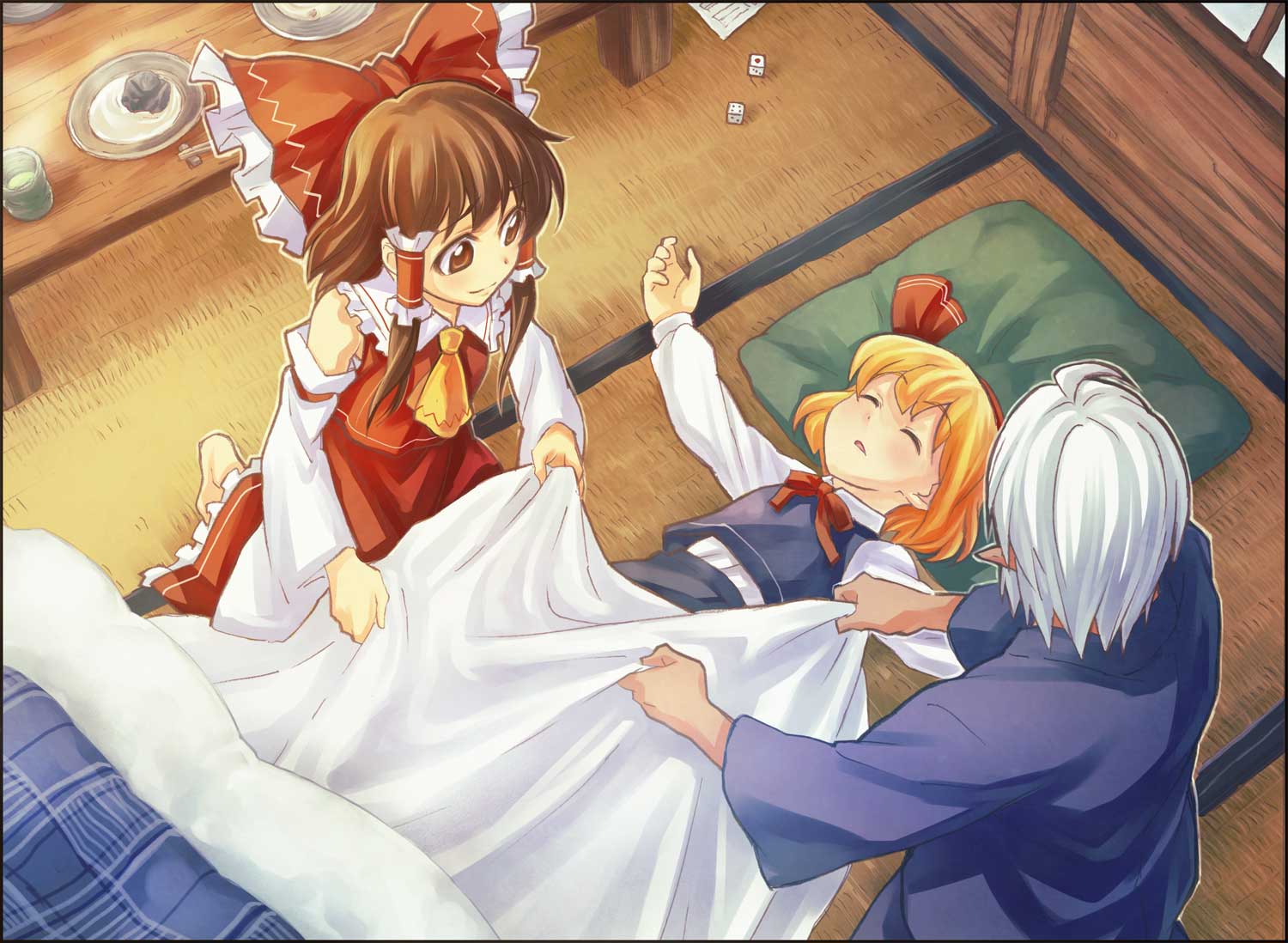 bow brown_hair buront crossover detached_sleeves elf elvaan final_fantasy final_fantasy_xi hair_bow hakurei_reimu pointy_ears rumia sakino_shingetsu short_hair silver_hair sleeping the_iron_of_yin_and_yang touhou