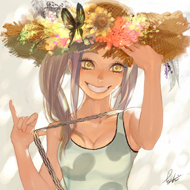 brown_hair butterfly cleavage dimples eyelashes flower freckles grin hands hat original smile solo straw_hat summer temoshi twintails yellow_eyes