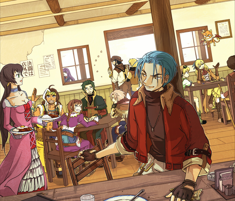 6+boys afro ahoge alfred_schrodinger anger_vein angry asatsuki_kamo beatrice_(wild_arms_3) belt black_hair blonde_hair blue_eyes blue_hair boots bracelet braid breasts brown_hair cat cat_tail chair choker claudia clive_winslett coat collar crossed_legs dario_nicolodi dress earrings egg everyone feathers flying food gallows_carradine glasses gloves goggles green_eyes green_hair hair_ribbon hairband hat headband indoors janus_cascade jet_enduro jewelry lips long_hair maya_schrodinger money multicolored_hair multiple_boys multiple_girls necklace pants payot plate purple_hair ribbon romero_gigio scarf shady_thousand shirt sitting smile sword tail todd_dukakis virginia_maxwell weapon white_hair wild_arms wild_arms_3 window wings yellow_eyes
