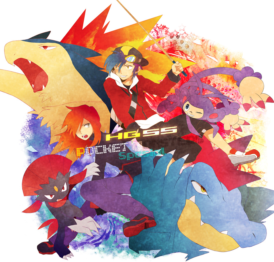 2boys ambipom catch-a-cold cue_stick feraligatr goggles gold_(pokemon) hat multiple_boys pokemon pokemon_(creature) pokemon_special silver_(pokemon) sneasel typhlosion weavile