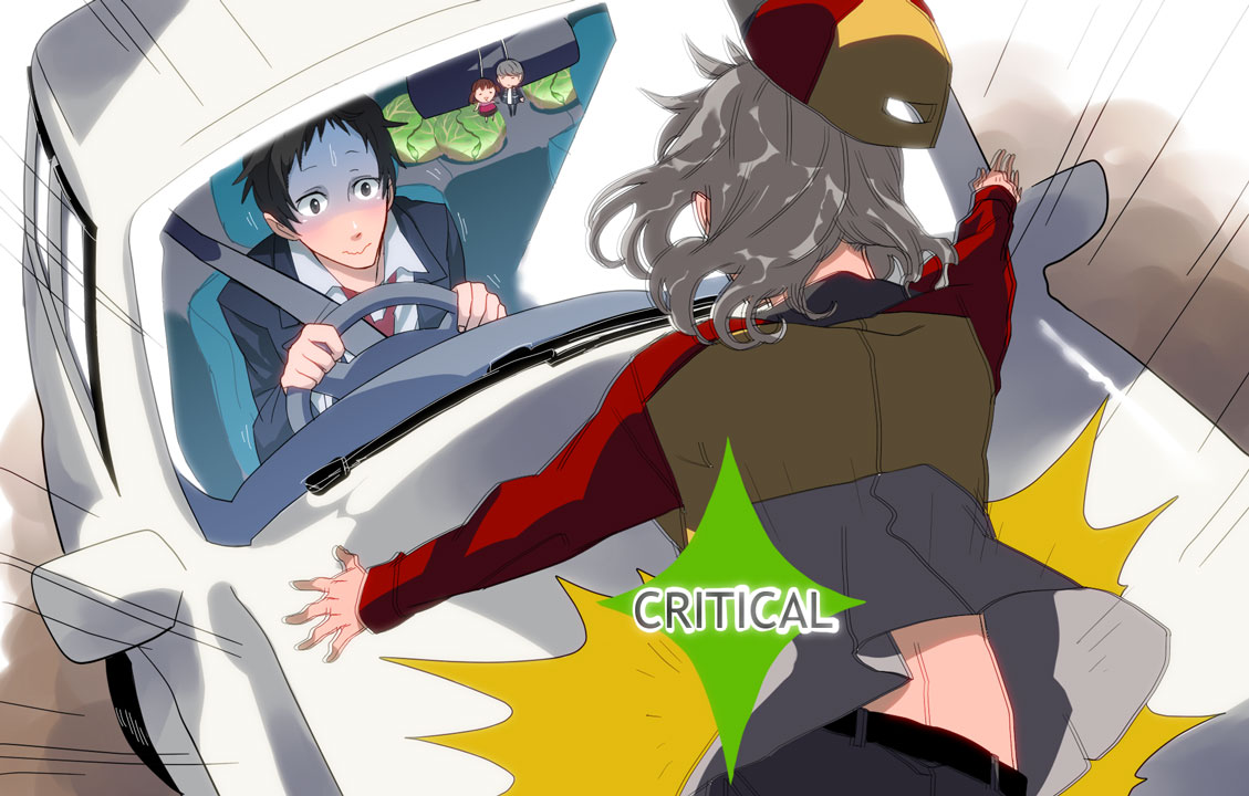 adachi_tohru adachi_tooru black_hair cabbage car crash doujima_nanako good_end grey_hair harumai izanami motor_vehicle narukami_yuu persona persona_4 seta_souji vehicle