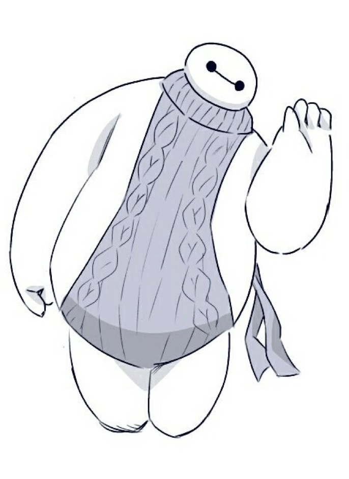 arm_at_side baymax big_hero_6 commentary full_body hand_up looking_at_viewer meme_attire monochrome no_pants ribbed_sweater sleeveless solo sweater tomo_(torauto_saamon) virgin_killer_sweater white_background