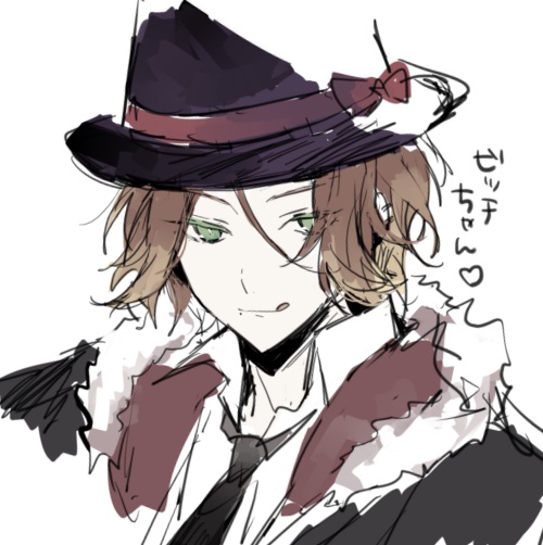 1boy brown_hair diabolik_lovers eye_contact fedora fur-trimmed_jacket fur_trim green_eyes hat jacket long_hair looking_at_another looking_at_viewer necktie rejet sakami_raito skunlv smile white_background