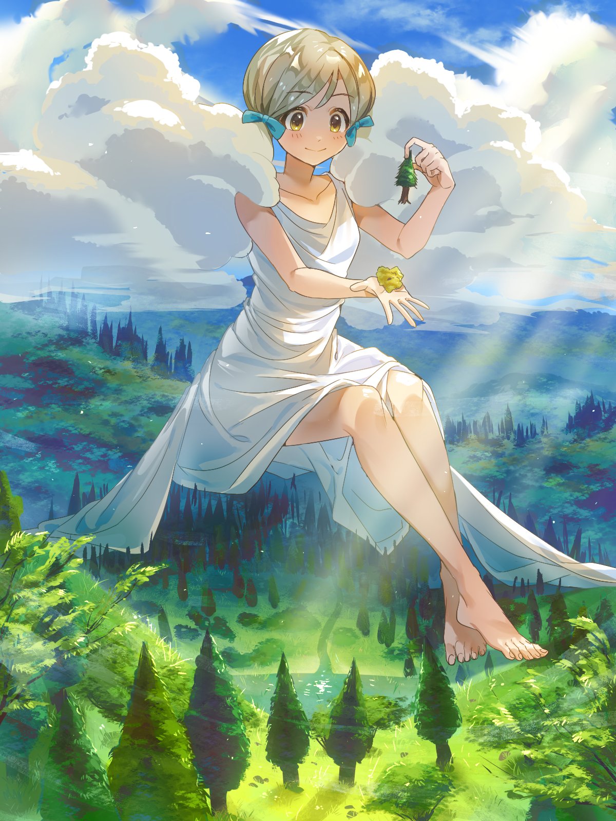 1girl bare_legs blonde_hair blush bow cloud_hair clouds dress floating forest giant giantess hair_bow handa_roko highres holding idolmaster idolmaster_million_live! nature oi! outdoors solo twintails white_dress yellow_eyes