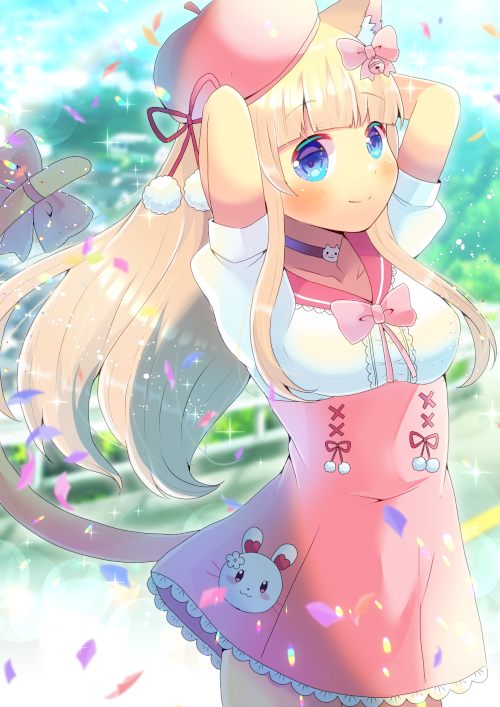 1girl animal_ear_fluff animal_ears arms_up bangs beret black_choker blonde_hair blue_eyes blurry blurry_background blush bow breasts cat_ears cat_girl cat_tail choker closed_mouth collarbone commentary_request day depth_of_field eyebrows_visible_through_hair hat high-waist_skirt indie_virtual_youtuber kou_hiyoyo kurisia long_hair looking_at_viewer medium_breasts outdoors pink_bow pink_headwear pink_sailor_collar pink_skirt puffy_short_sleeves puffy_sleeves sailor_collar shirt short_sleeves skirt smile solo tail tail_bow tail_ornament tail_raised very_long_hair virtual_youtuber white_shirt