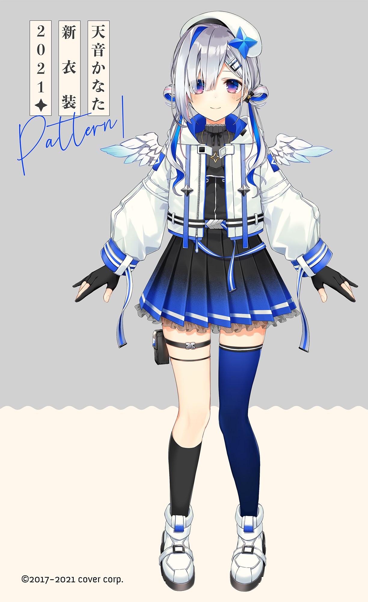 1girl amane_kanata angel_wings asymmetrical_hair bare_shoulders belt beret black_dress black_gloves black_legwear blue_belt blue_hair blue_legwear blue_wings blush closed_mouth colored_inner_hair dress feathered_wings gloves gradient gradient_wings hair_ornament hair_rings hairclip hat high_collar highres hololive jacket jewelry kneehighs long_hair long_sleeves looking_at_viewer low_twintails mini_wings mismatched_legwear multicolored multicolored_hair multicolored_wings necklace official_alternate_costume official_art oshio_(dayo) partially_fingerless_gloves pink_hair pleated_dress puffy_long_sleeves puffy_sleeves shoes short_dress silver_hair single_hair_intake single_kneehigh single_thighhigh sleeveless sleeveless_dress smile sneakers solo star_(symbol) star_necklace streaked_hair tachi-e thigh-highs thigh_pouch thigh_strap twintails uneven_legwear violet_eyes white_footwear white_headwear white_jacket white_wings wings