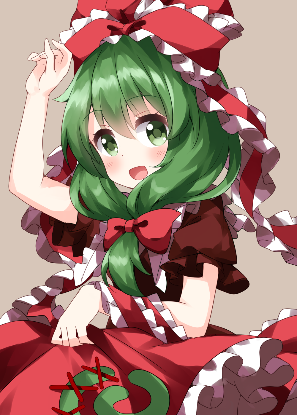 1girl :d arm_ribbon bangs bow cowboy_shot dress eyebrows_visible_through_hair frilled_ribbon frills front_ponytail green_eyes green_hair grey_background hair_bow hair_ribbon highres kagiyama_hina long_hair looking_at_viewer open_mouth red_bow red_dress red_ribbon ribbon ruu_(tksymkw) short_sleeves simple_background smile solo standing touhou