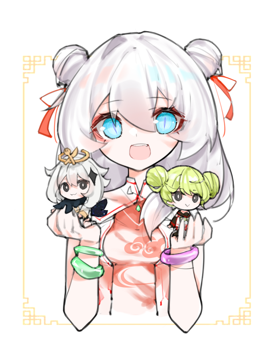 3girls :&gt; :3 :d ai-chan_(honkai_impact) bangs blue_eyes bracelet chibi china_dress chinese_clothes chinese_new_year closed_mouth company_connection double_bun dress error1980 genshin_impact green_hair hair_between_eyes hair_ornament hairpin halo holding honkai_(series) honkai_impact_3rd jewelry long_hair looking_at_viewer mihoyo_technology_(shanghai)_co._ltd. multiple_girls open_mouth paimon_(genshin_impact) scarf short_sleeves simple_background smile theresa_apocalypse white_background white_hair