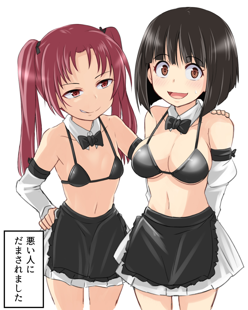 2girls alternate_costume apron arm_around_neck arms_ai bangs bikini black_apron black_hair black_neckwear black_ribbon blunt_bangs blunt_ends blush bob_cut bow bowtie breasts brown_eyes collar commentary detached_collar detached_sleeves enmaided eyebrows_visible_through_hair girls_und_panzer gotou_moyoko hair_ribbon hand_on_hip highres kadotani_anzu kitayama_miuki long_hair looking_at_another looking_at_viewer maid maid_bikini medium_hair miniskirt multiple_girls navel open_mouth parted_bangs pleated_skirt red_eyes redhead ribbon short_hair simple_background skirt small_breasts smile smirk sweatdrop swimsuit translated twintails waist_apron white_background white_collar white_skirt white_sleeves wing_collar