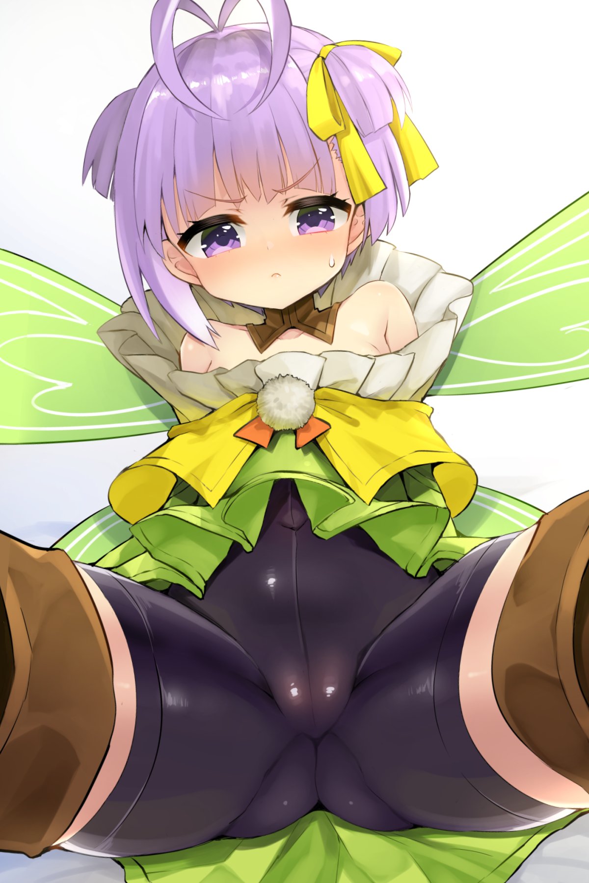 1girl antenna_hair bare_shoulders bike_shorts blush covered_navel eyebrows_visible_through_hair fairy fairy_wings fate/extra fate/extra_ccc fate/extra_ccc_fox_tail fate/grand_order fate_(series) frown hair_ribbon highres kazuradrop_(fate) purple_hair ribbon sasamashin short_hair simple_background sitting solo sweat sweatdrop thigh-highs violet_eyes white_background wings zettai_ryouiki