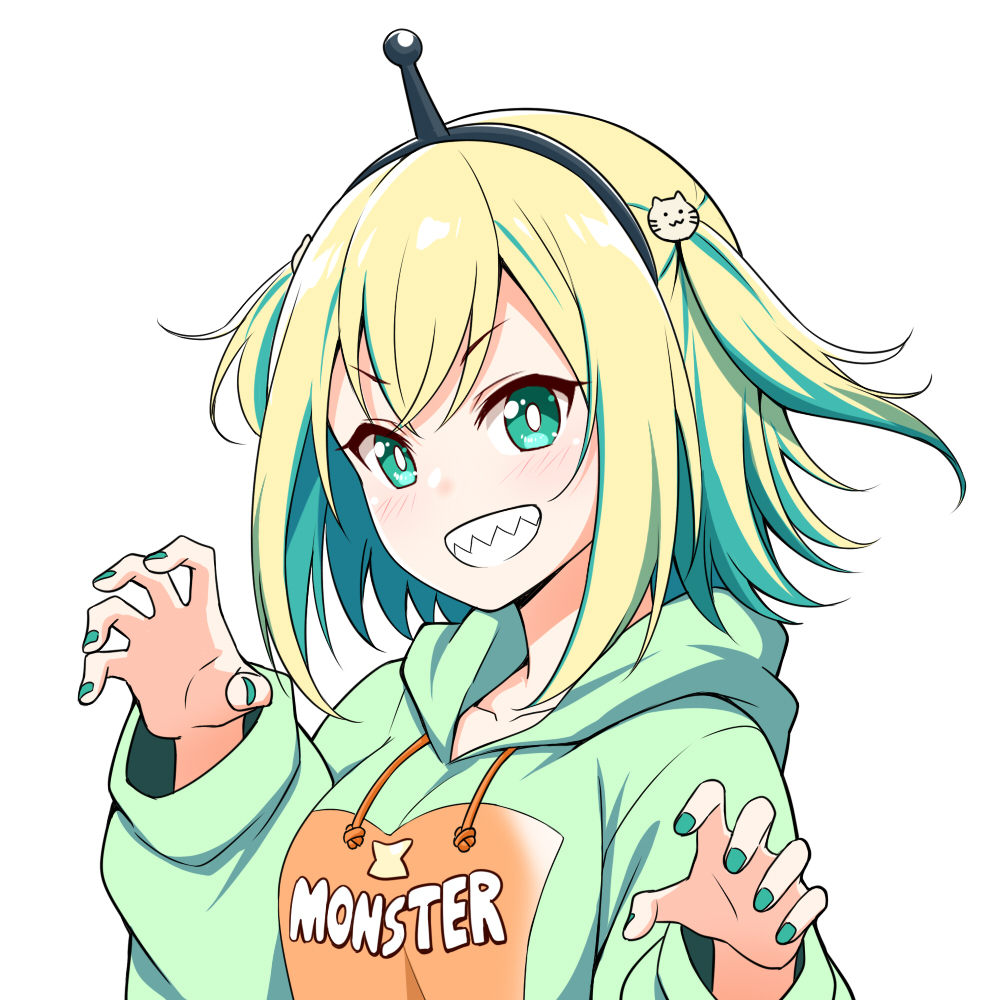 1girl amano_pikamee bangs blonde_hair breasts claw_pose colored_inner_hair eyebrows_visible_through_hair felutiahime green_hair green_hoodie hood hoodie medium_breasts multicolored_hair sharp_teeth short_hair smile solo streaked_hair teeth two_side_up upper_body v-shaped_eyebrows virtual_youtuber voms white_background