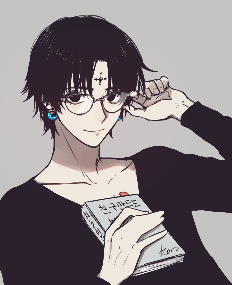 1boy adjusting_eyewear artist_name black_eyes black_hair black_shirt book chrollo_lucilfer closed_mouth collarbone commentary earrings english_commentary facial_mark forehead_mark glasses grey_background hand_up hichi(hichi) holding holding_book hunter_x_hunter jewelry long_sleeves looking_at_viewer male_focus shirt short_hair simple_background smile solo upper_body