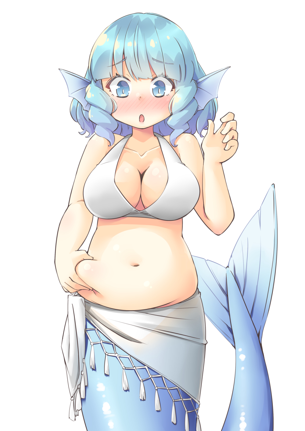 1girl arnest belly belly_grab blue_eyes blue_hair blush commentary_request commission curvy drill_locks eyebrows_visible_through_hair head_fins highres mermaid monster_girl muffin_top navel plump sarong skeb_commission swimsuit touhou wakasagihime weight_conscious