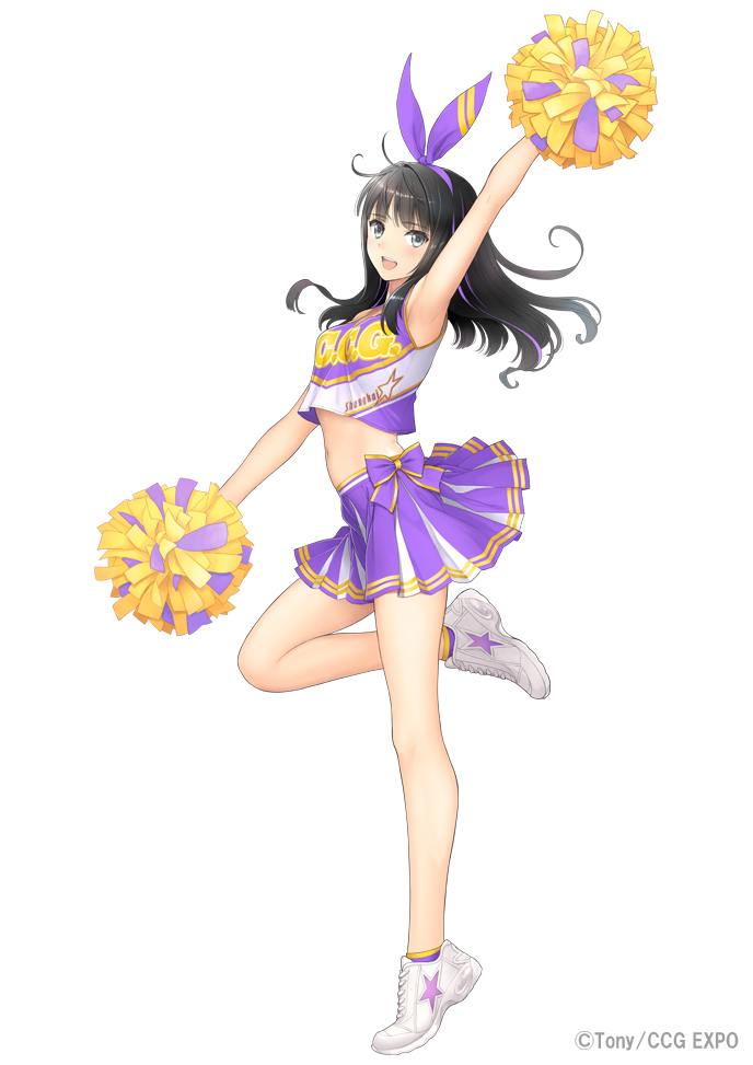1girl :d arm_up armpits bare_arms bare_legs black_hair blue_eyes bow bow_hairband cheerleader clothes_writing copyright_request crop_top from_side full_body hairband leg_up looking_at_viewer looking_to_the_side miniskirt navel open_mouth pleated_skirt pom_pom_(cheerleading) purple_bow purple_hairband purple_skirt shoes skirt sleeveless smile sneakers solo standing standing_on_one_leg star_(symbol) tony_taka white_footwear