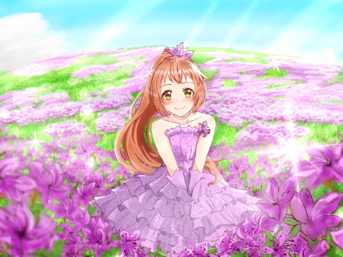 1girl bare_shoulders blue_sky brown_hair day dress field flower frilled_dress frills gloves hair_flower hair_ornament idolmaster idolmaster_cinderella_girls idolmaster_cinderella_girls_starlight_stage jewelry long_hair looking_at_viewer necklace outdoors ponytail purple_dress purple_flower purple_gloves sky smile solo tttte_toku0000 wakabayashi_tomoka yellow_eyes